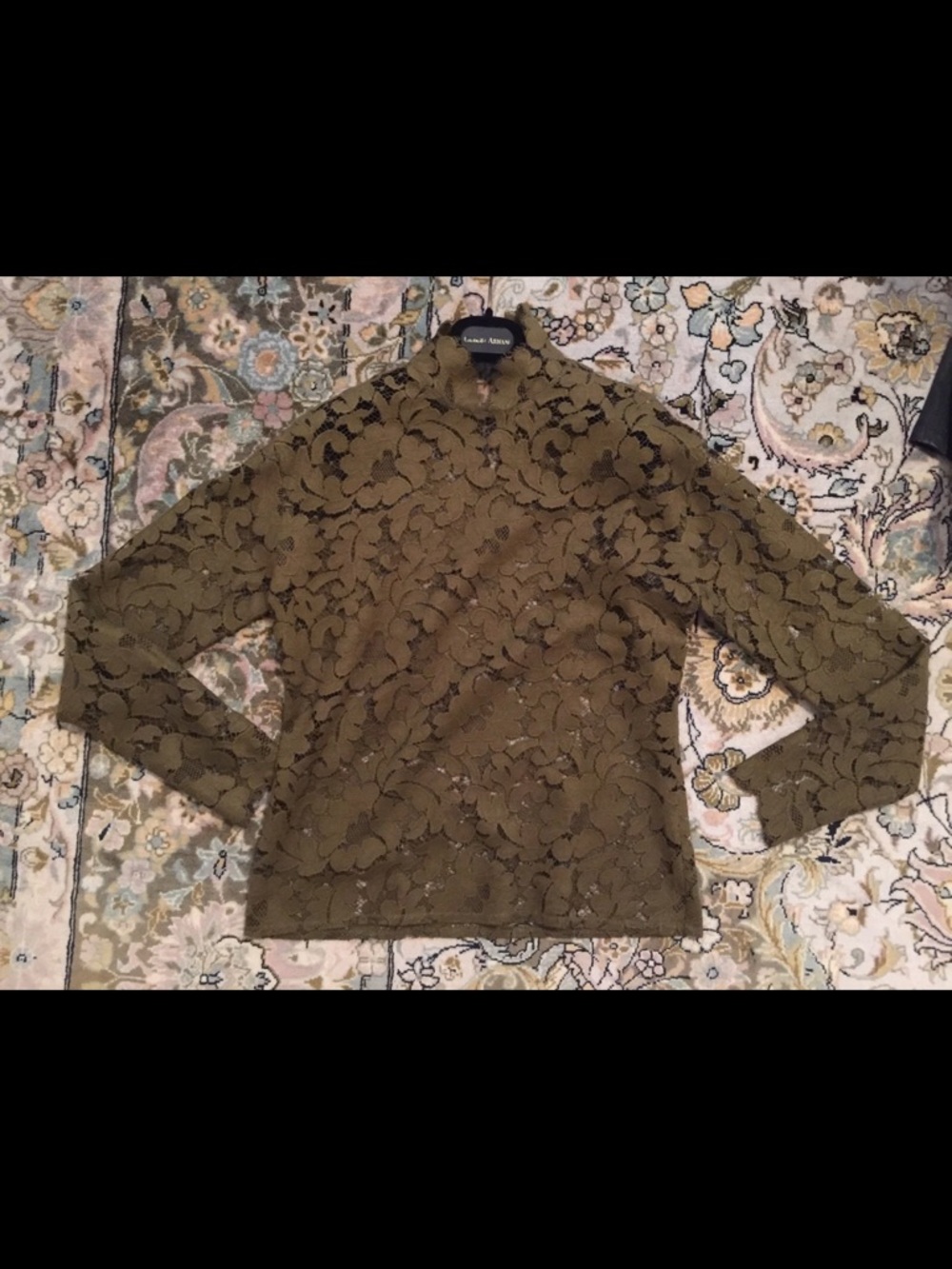 Vintage Olive Green Floral Lace Long Sleeve Top - Sheer Mock Neck s / m